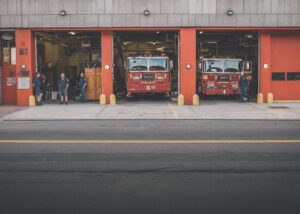 firefighters outside of the station